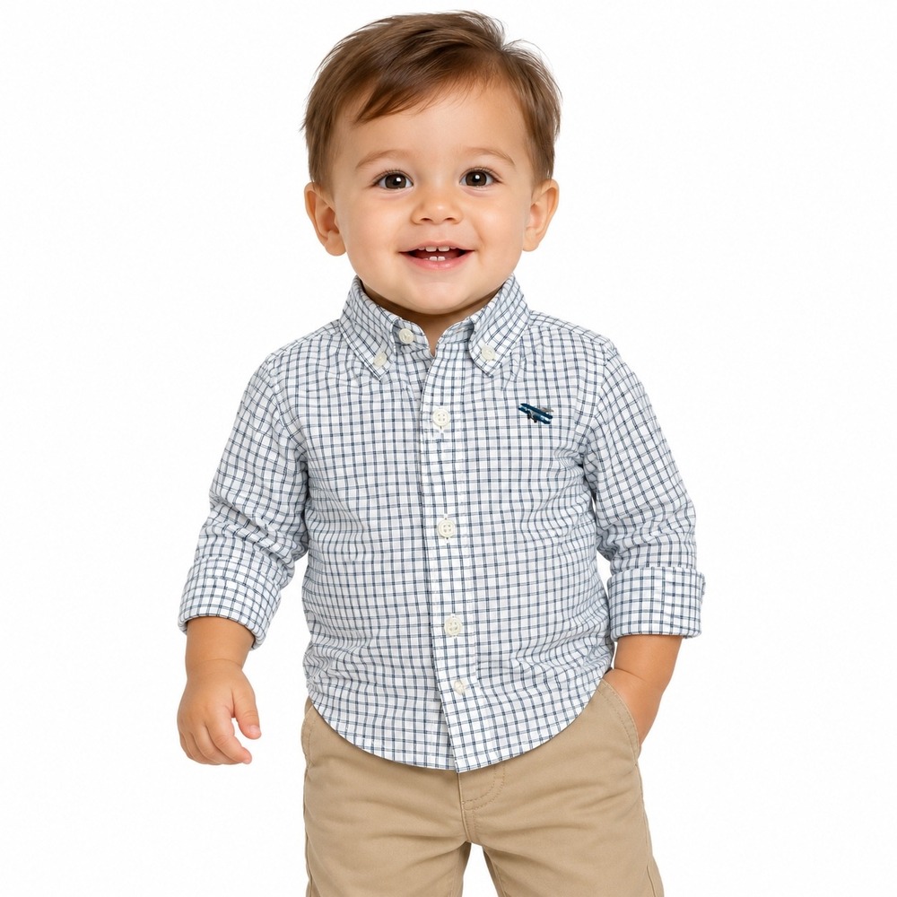 Janie and Jack Baby Boys White Blue Check Airplane Button Down Shirt 6-12 Months